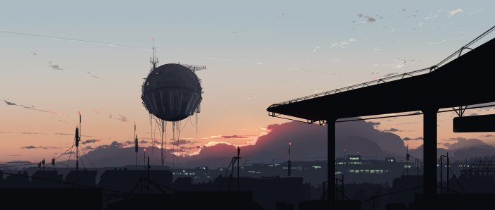Floating Spherical Station Over City Skyline at Sunset