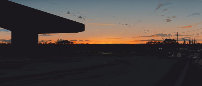 Minimalist sunset landscape with concrete structure silhouette
