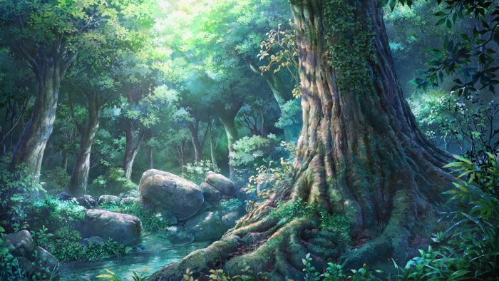 Lush Green Anime Forest with Giant Mossy Tree