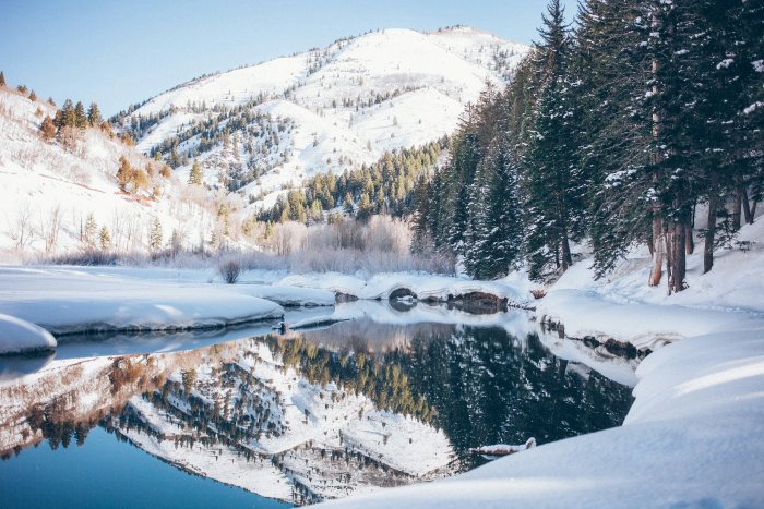 Snowy Mountain and Forest Reflected in Calm River