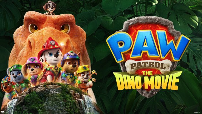PAW Patrol pups and a dinosaur in The Dino Movie