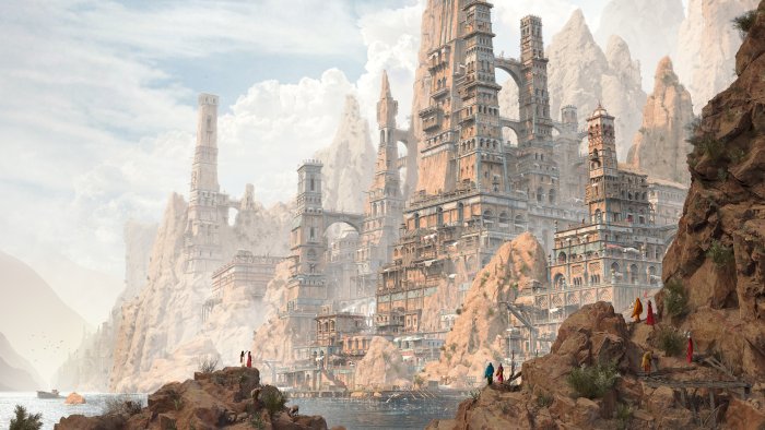 Fantasy Cliffside City with Tall Towers and Arches