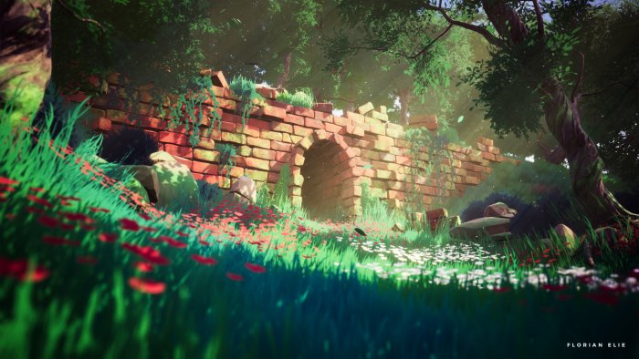 Overgrown Brick Ruins in a Sunlit Forest