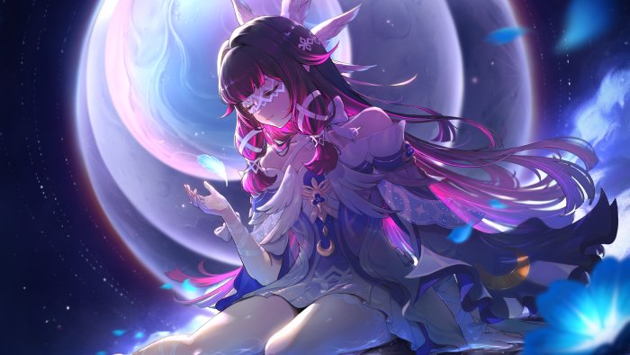 Columbina from Genshin Impact sitting before a giant moon