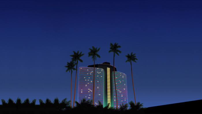 Retro Neon Hotel and Palm Trees at Night