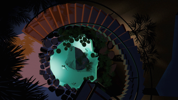 Top-down view of a spiral staircase and glowing pool