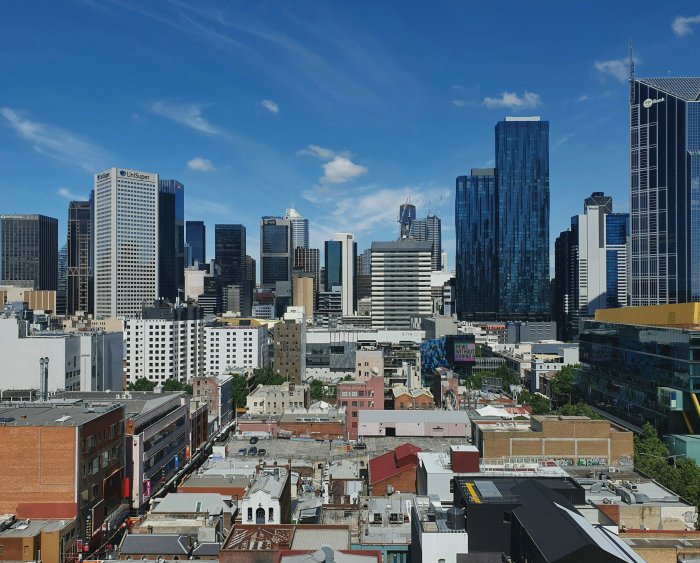 Melbourne City Skyline with Skyscrapers Under Blue Sky