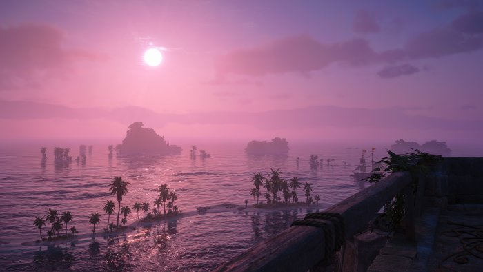 Tropical Island Sunset with Palm Trees and Sailing Ship