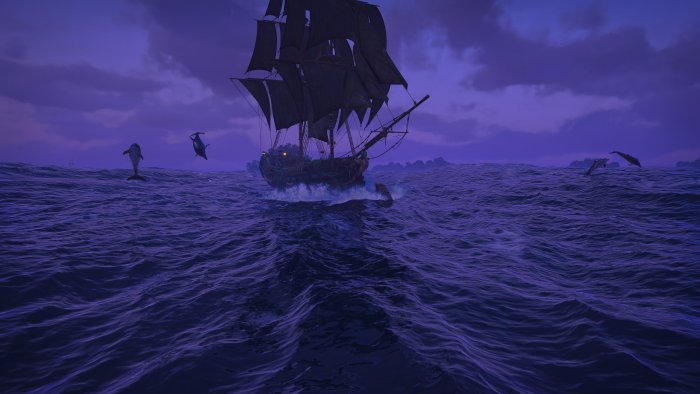 Pirate ship sailing on purple sea with jumping dolphins