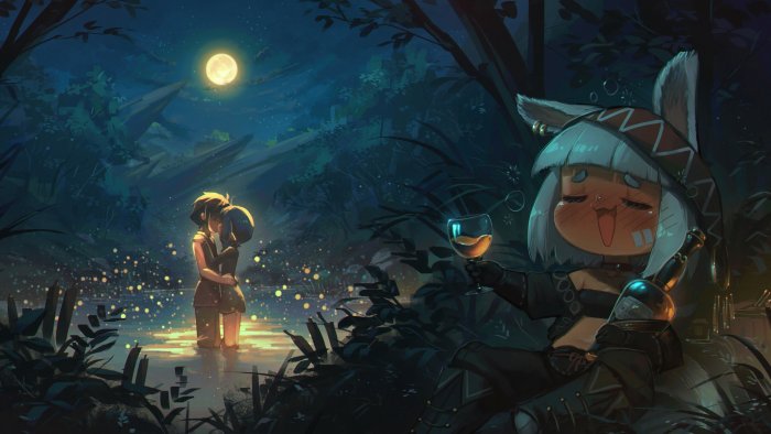 Drunk Mimi watching a couple kissing under the full moon