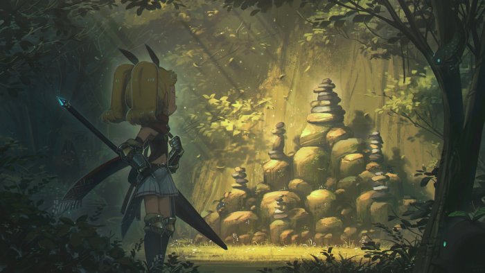 Blonde adventurer looking at stone cairns in forest