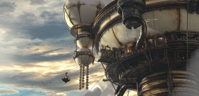 Steampunk Floating Station and Airship in Cloudy Sky