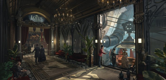 Steampunk Exhibition Hall with Airship Boarding Platform