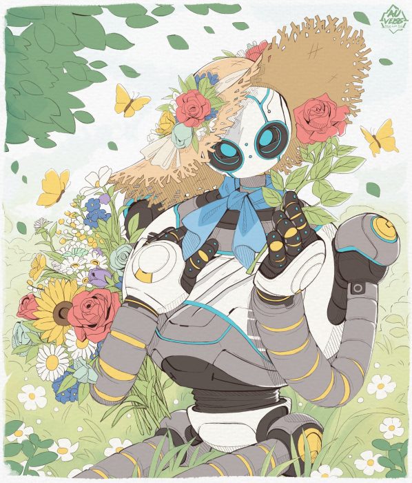 Cute Robot in Straw Hat and Flower Field