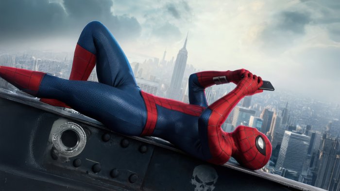 Spider-Man lying on a steel beam holding a smartphone