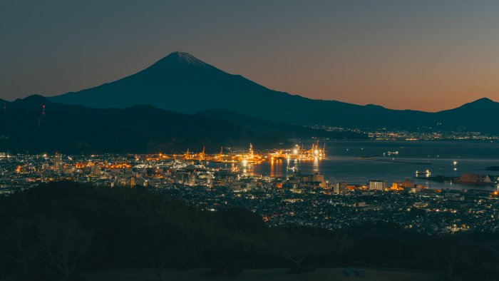Mount Fuji and Shimizu Port at Night