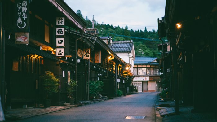 Traditional Japanese street in Takayama at dusk