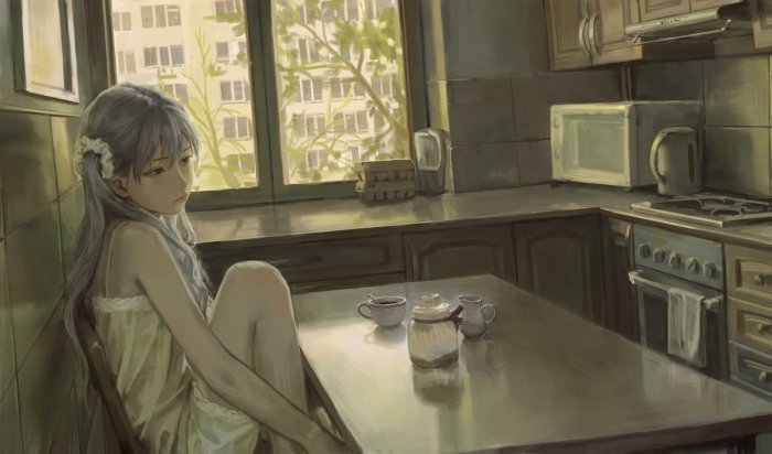 Melancholic anime girl sitting in a kitchen