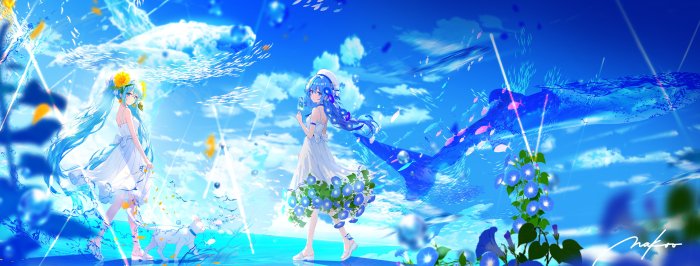 Hatsune Miku and Hoshimachi Suisei in Blue Sky
