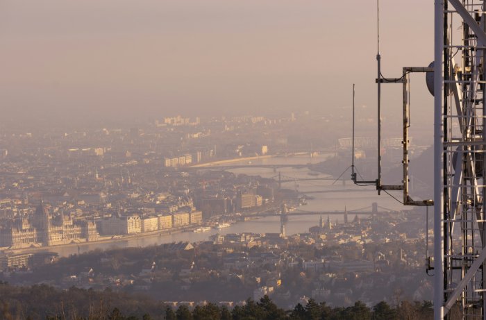 Hazy aerial view of Budapest and Danube River
