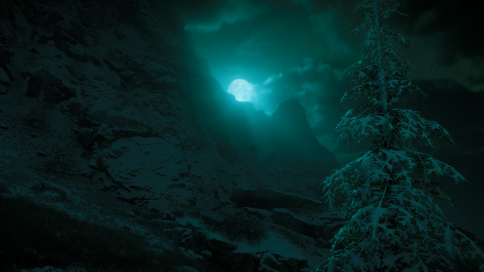 Snowy mountain landscape under a glowing green moon