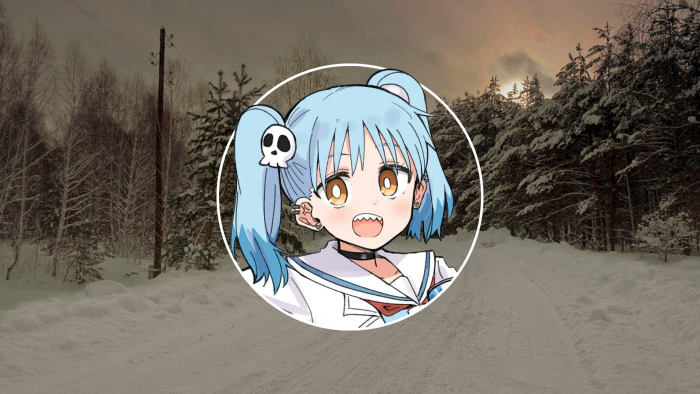 Anime Girl with Blue Hair and Winter Forest Scene