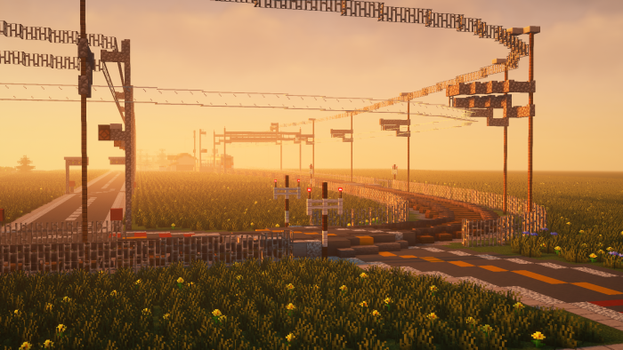 Minecraft Railway Crossing at Sunset