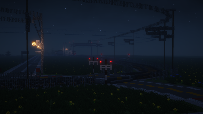 Minecraft railroad crossing in foggy night