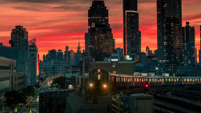 New York City 7 Train and Skyline at Sunset