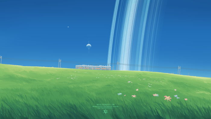Train on a grassy hill under planetary rings