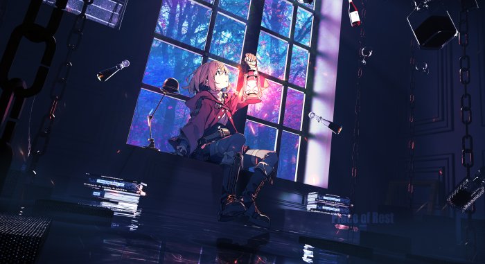 Anime Girl Holding Lantern by a Large Window