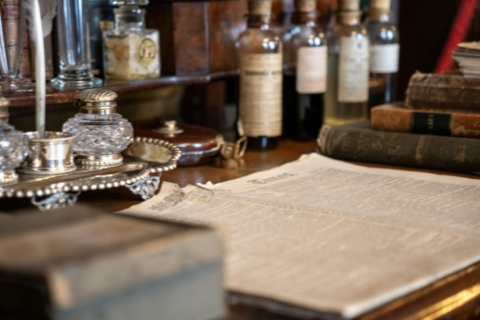 Vintage Desk with Newspaper and Inkwells