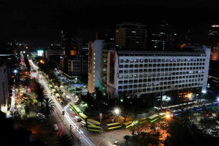 Night Aerial View of Nairobi City Streets and Buildings