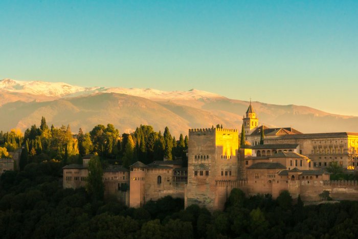 Alhambra Palace in Granada Spain with Sierra Nevada Mountains