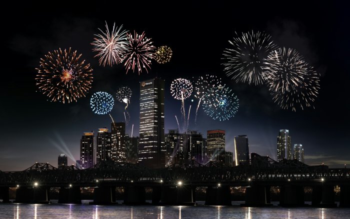 Fireworks Display Over Seoul City Skyline at Night