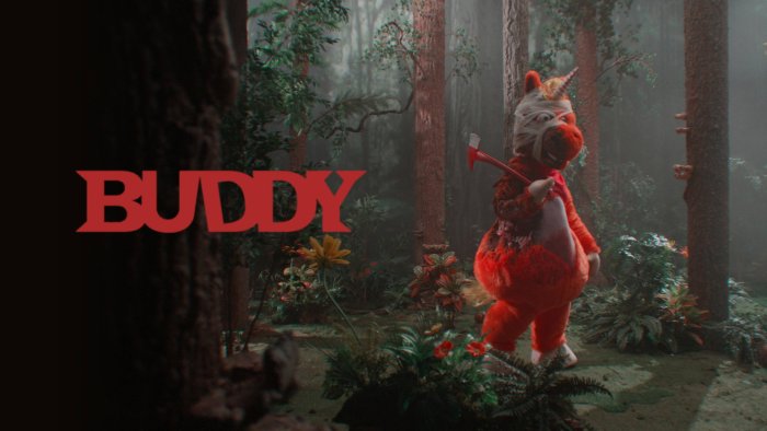 Red unicorn mascot holding an axe in Buddy