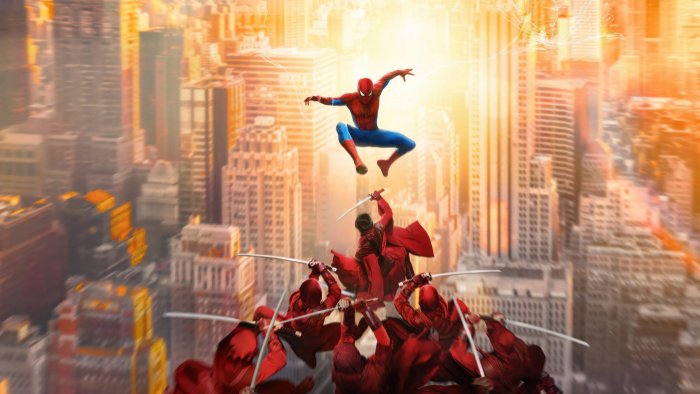 Spider-Man fighting red ninjas above a city skyline