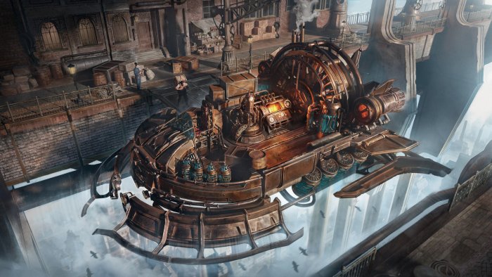 Steampunk airship docked at a high-altitude warehouse