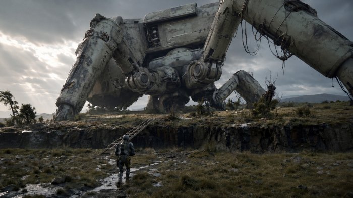 Armored soldier approaching a giant rusted mechanical walker