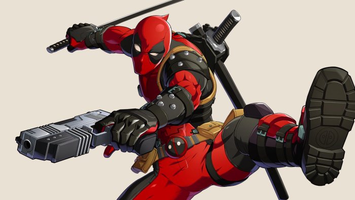 Deadpool from Marvel Comics holding a gun and katana