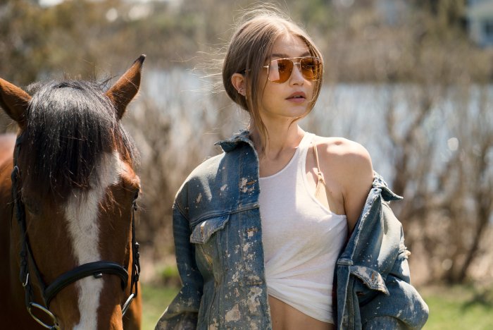 Gigi Hadid with a Horse in Denim Jacket