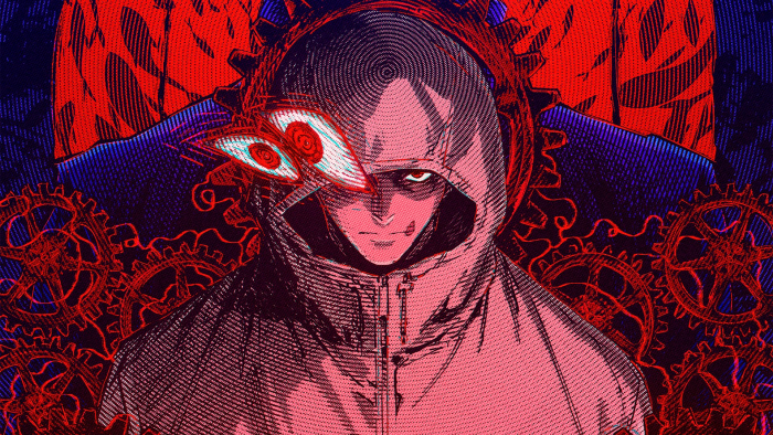 Hooded Anime Character with Stylized Eyes and Gears