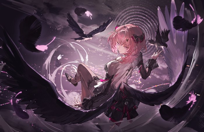 Pink-haired anime girl with black wings and crows