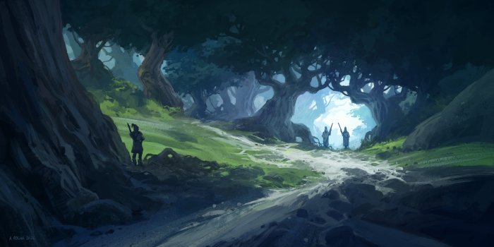 Fantasy Forest Path with Sentinels by Andreas Rocha