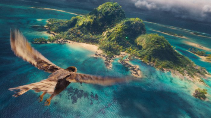 Maui in hawk form flying over Motunui in Moana
