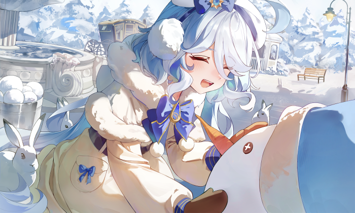 Furina from Genshin Impact building a snowman in winter