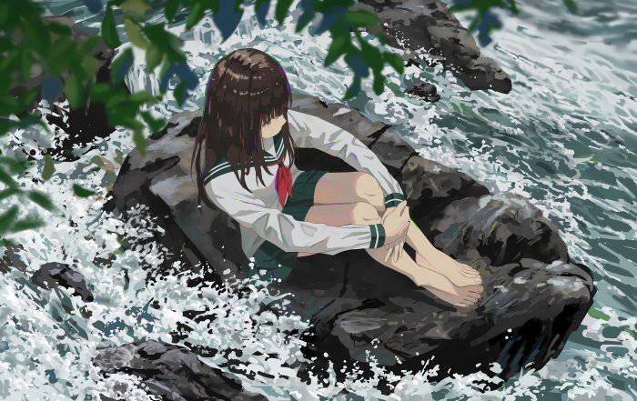 Anime Girl in School Uniform Sitting on a Wet Rock
