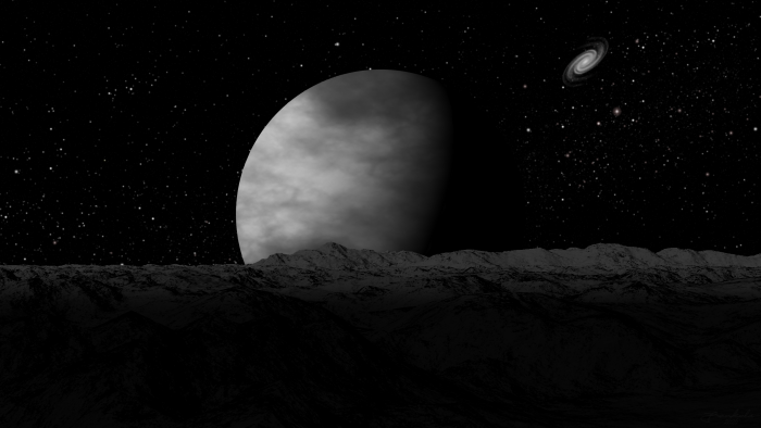 Monochrome Space Landscape with Planet and Spiral Galaxy