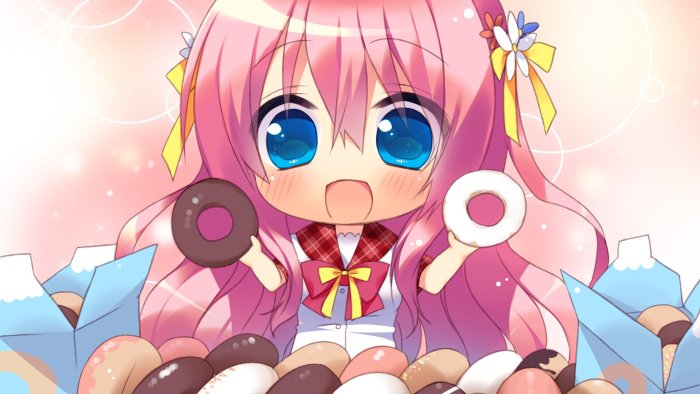 Chibi pink-haired anime girl with donuts from Ji Le Mei Tu 2