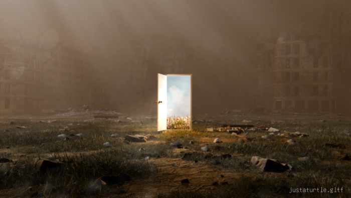 Open door to a peaceful world in a ruined wasteland